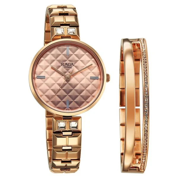 Titan Raga Contempore Quartz Analog Rose Gold Dial Metal Strap Watch For Women